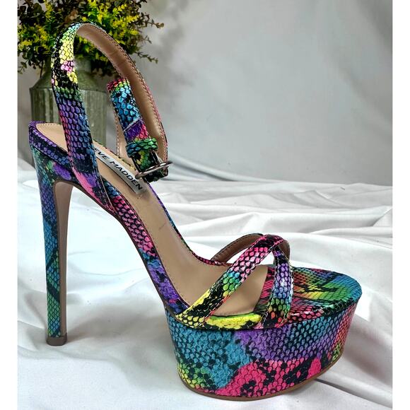 Steve Madden Marciana Snake Skin Multi Ankle Strap Open Toe High Heel Sandals 6 - Picture 12 of 16